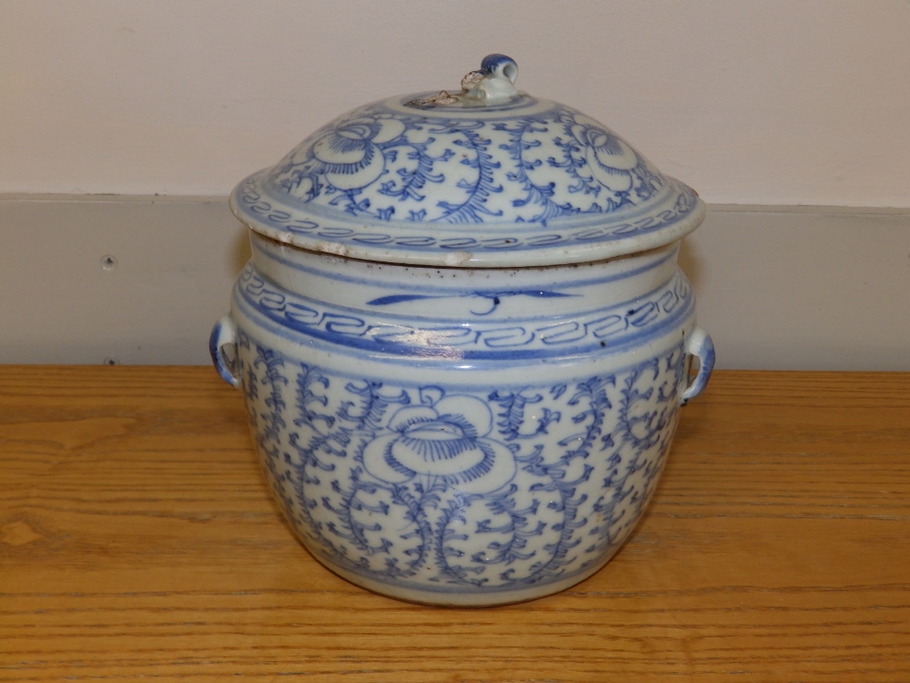 A 19thC Chinese blue & white porcelain covered jar painted overall scrollwork, 8.5" high - a/f and a - Image 2 of 6