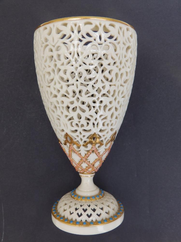 A Graingers Worcester porcelain reticulated stemmed vase standing on circular pedestal, sparingly - Image 5 of 13