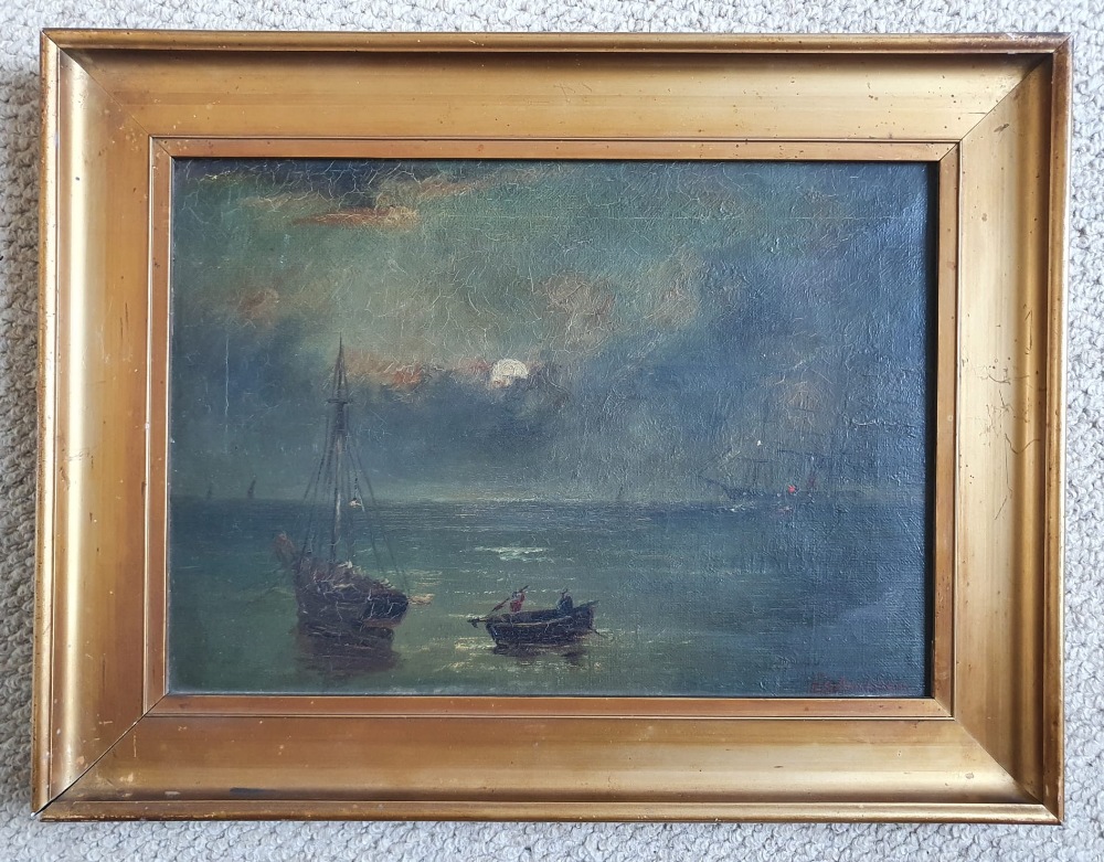 E. Ambler - oil on canvas - Maritime scene with vessels, possibly a whaling scene, signed , 10" x - Image 2 of 3