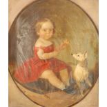 Georgian School - oil on canvas - Young girl seated on a cushion with her white dog, in painted