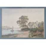 P H Rogers - watercolour - A house by water with a boat & figures, signed & dated 1852, 8" x 10".