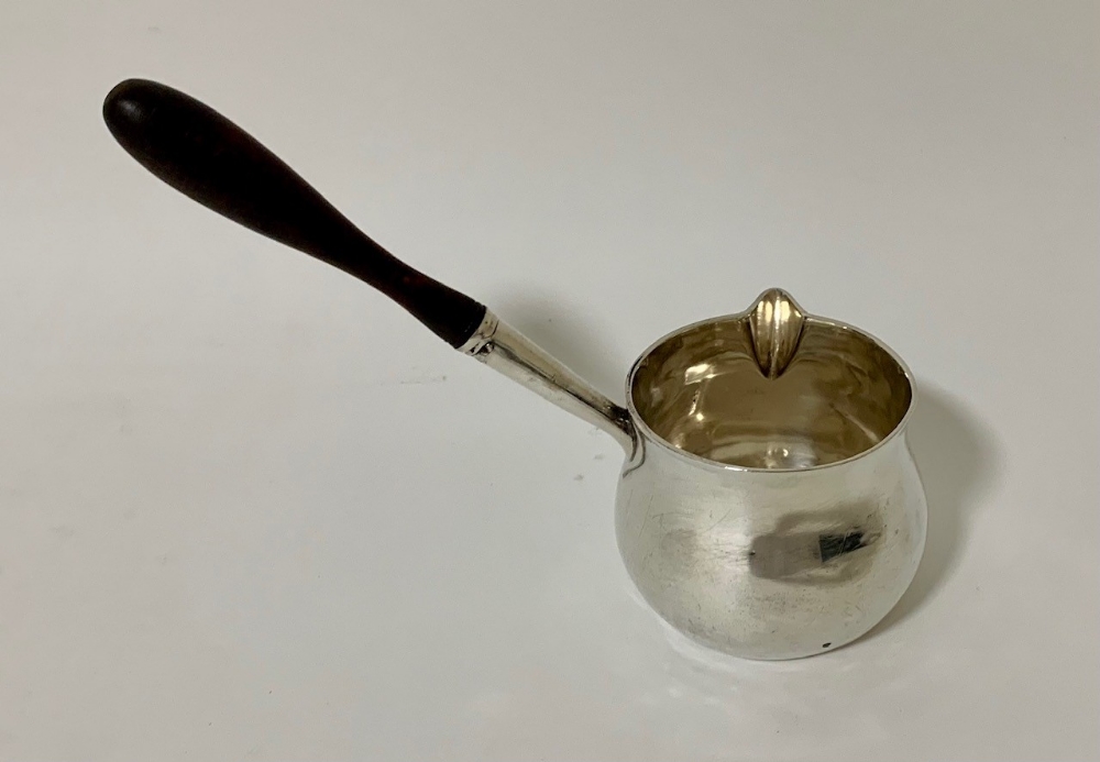 A George III York silver brandy warming pan, of plain bellied form with turned wooden handle - - Image 3 of 6