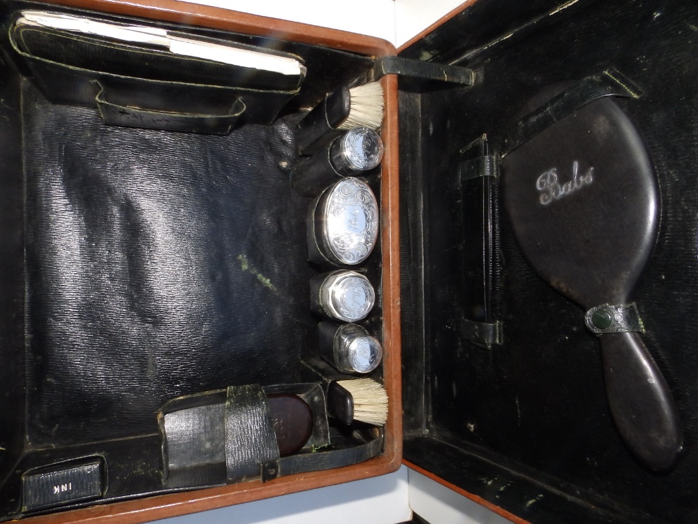 An Edwardian fitted leather travelling case, labelled for 'J.S. Vaughan, 1st Battalion, including - Image 2 of 2