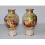 A pair of Royal Worcester vases painted still life fruit by William Ricketts, 5.9" high - chip to