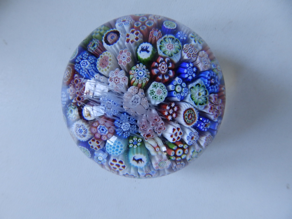 A scrambled cane paperweight, 2.75" diameter and a small millefiori paperweight with animal - Image 2 of 8