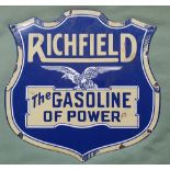 A shield-shaped enamelled advertising plaque - 'Richfield, The Gasoline of Power', 12" high.