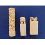 Two late 19th/early 20thC Chinese ivory desk seals, one with an elephant, the other with a