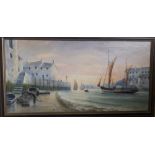 Dennis Andrews - oil on canvas - A view of a late 19th/early20thC fishing port, signed & dated 1987,