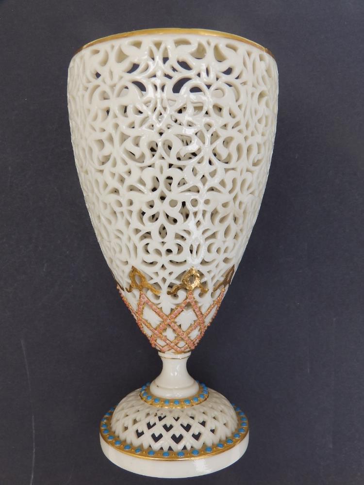 A Graingers Worcester porcelain reticulated stemmed vase standing on circular pedestal, sparingly - Image 6 of 13