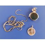 A small modern 9ct gold St Christopher medallion, a damaged modern fine link necklace chain and a