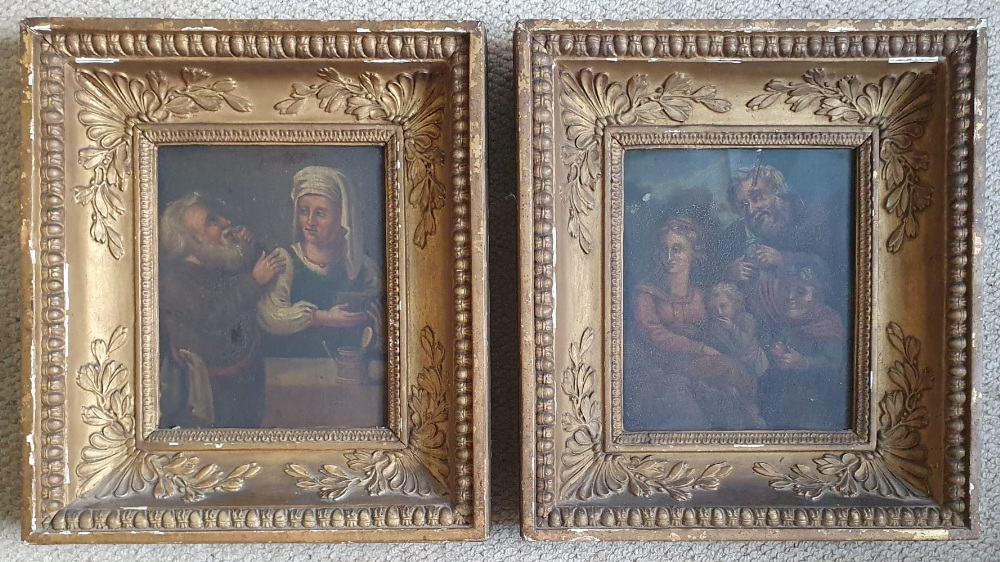 A pair of antique oils on metal - Figure studies, 9" x 7.5" in heavy giltwood frames. (2)