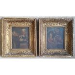 A pair of antique oils on metal - Figure studies, 9" x 7.5" in heavy giltwood frames. (2)