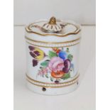 An early 19thC floral painted porcelain pot pourri jar of cylindrical form with concaved cover, 2.8"
