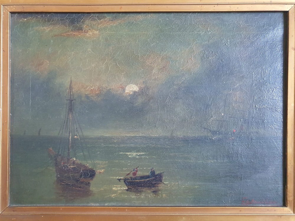 E. Ambler - oil on canvas - Maritime scene with vessels, possibly a whaling scene, signed , 10" x