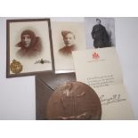 A bronze death plaque commemorating William Hayden, Royal Flying Corps, together with photos of W.