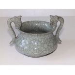 A Chinese crackle glaze celadon censer, 6" across handles.