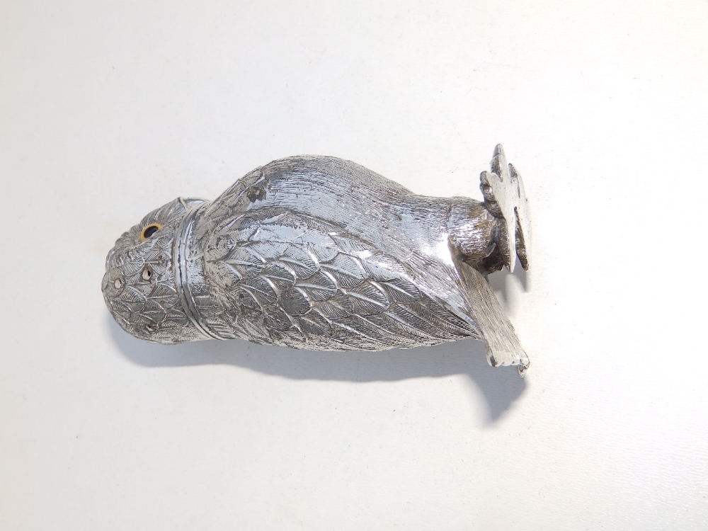 A silver plated caster/pounce pot modelled as an owl with glass eyes, 4" high. - Image 3 of 4