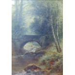 Charles Stuart - oil on canvas - A river with bridge in a forest clearing, signed, 13.5" x 9.5".