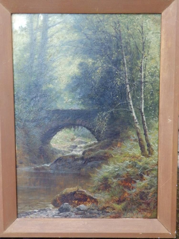 Charles Stuart - oil on canvas - A river with bridge in a forest clearing, signed, 13.5" x 9.5". - Image 2 of 4