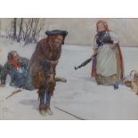 Lawson Wood (1878-1957) - watercolour - 'Only The Brave', a sturdy woman sees off two would-be