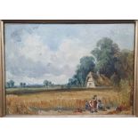 An oil on panel - Landscape with family group by cornfield, 8" x 11".