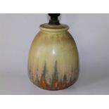 A Ruskin Pottery cream glazed table lamp with brown & green variegations - '1932', 6" high excluding