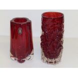 A red Whitefriars glass cylinder bark vase, 6.25", one other and an 8" knobbly vase. (3)