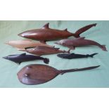 A collection of South Seas carved wooden fish, probably Pitcairn Island, including a 20" shark,