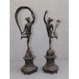 A pair of 19thC bronze figures - Mercury & Fortuna after Giambologna, on bronze-capped black slate