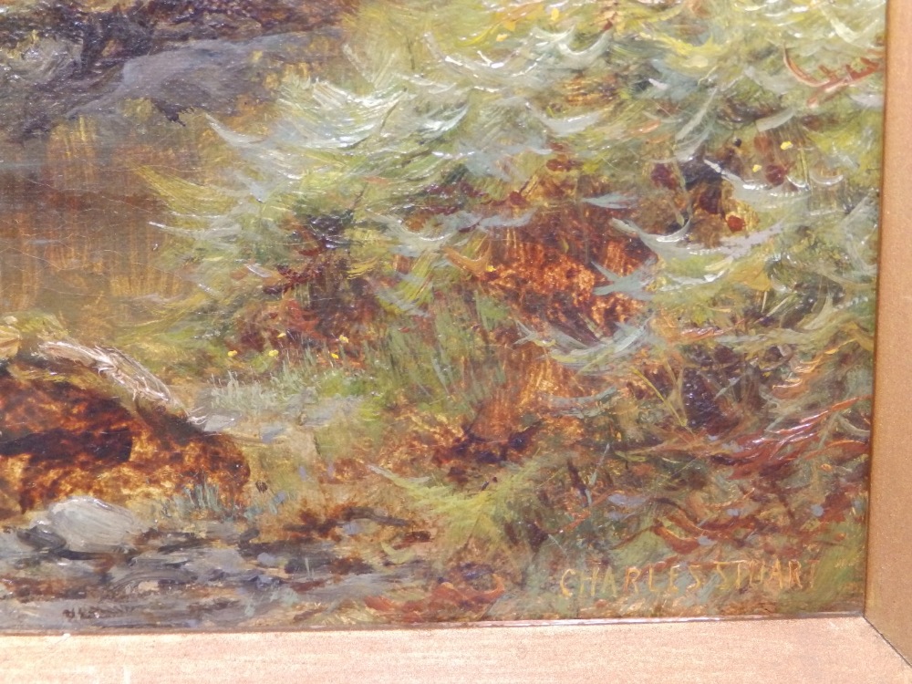 Charles Stuart - oil on canvas - A river with bridge in a forest clearing, signed, 13.5" x 9.5". - Image 3 of 4