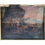 An antique oil on canvas laid on panel - Figures with livestock, 10.5" x 13" - a/f.