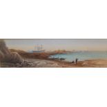 B. Marnack (?) - watercolour - A three masted sailing vessel moored off a rocky coastline (