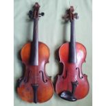 Two antique violins in wooden cases, the two-piece backs 13" & 14". - a/f.