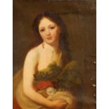 19thC School - oil on re-lined canvas - Half length portrait of a young classical maiden holding a