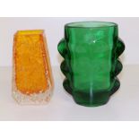 A Whitefriars tangerine textured glass coffin vase, 5.25" high and another Whitefriars vase in