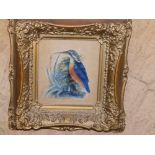 MT - watercolour - Study of a kingfisher perched on foliage, initialled & dated 1883, 5.5" x 5".