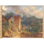 19thC School - oil on canvas - Continental landscape with ruined building and figures,