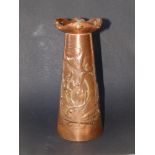 A Newlyn School beaten copper tapering vase by Herbert Dyer, having scalloped rim above an