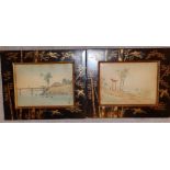 A pair of signed Japanese watercolours - A shrine & figures by water, 7.5" x 9.75", in gold