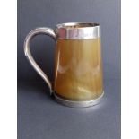 A Victorian silver mounted horn presentation tankard with glass base - 'Kildare B & TC, 1890' -