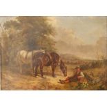 Attributed to H. Hardy - oil on canvas - Farmer at rest with his two horses, unsigned, inscribed 'H.