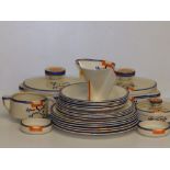 23 pieces of Clarice Cliff Ravel pattern Odilon table ware, in orange, blue & yellow colourway,