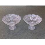 A pair of heavy cut glass scalloped pedestal bowls, 12" diameter - unmarked. (2)