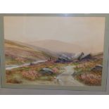 Rubens Southey - watercolour - Moorland stream with distant cattle, signed, 14" x 20".