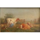 James Doubting (1841-1904) - oil on canvas - Milkmaid at work with her cows and a collie,