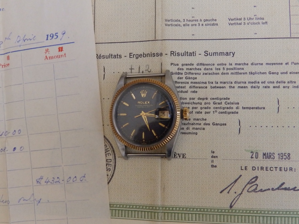 A 1958 gent's stainless steel & gold Rolex Oyster Perpetual Datejust (no strap) Ref 6605, having