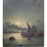 Hubert Thornley (fl. 1858-1898) - oil on canvas - Extensive moonlit view of moored sail & steam