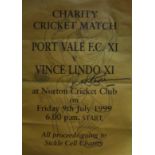 CRICKET - LARGE POSTER VINCE LINDO XI (NOTTINGHAMSHIRE) V PORT.VALE FC SIGNED BY RICHARD HADLEE