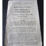 RUGBY UNION - 1945-46 EAST MIDLANDS V BARBARIANS MOBBS MEMORIAL MATCH