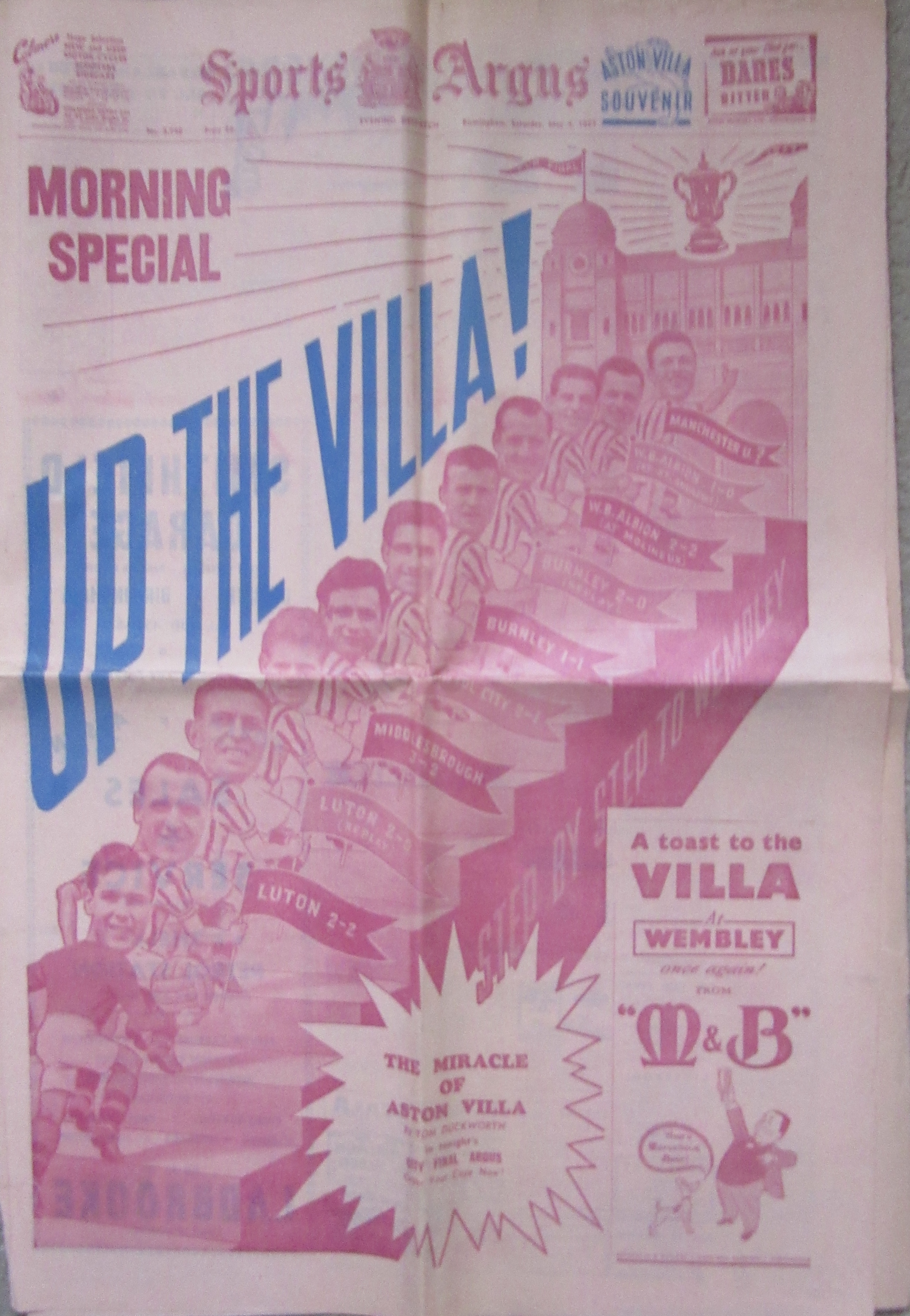 1957 FA CUP FINAL ASTON VILLA V MANCHESTER UNITED NEWSPAPERS X 3 - Image 3 of 3